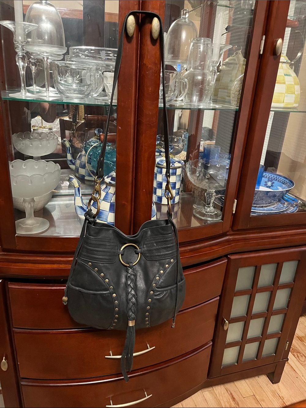 Black Braided Tassel Shoulder Hobo Bag with Ring Accent